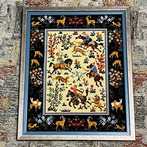 Needlepoint Persian Huntsman Hunting Scene Horses Dimensions #2189 80s Framed